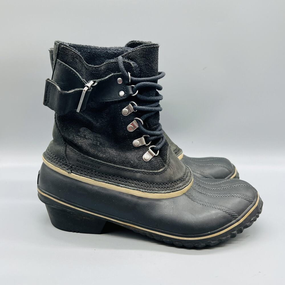 Sorel Boots Womens 9.5 Black Suede Waterproof Ankle Lace Up Winter Snow Shoes